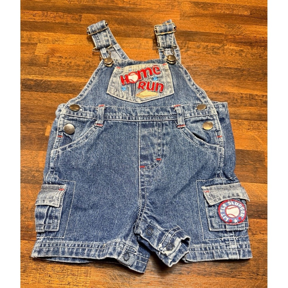 Vintage baseball little slugger denim shortalls sz 6/9 months.  Embroidered